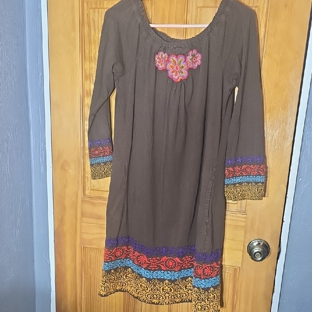 JOHNNY WAS  Brown Dress with Colorful Embroidery. Medium